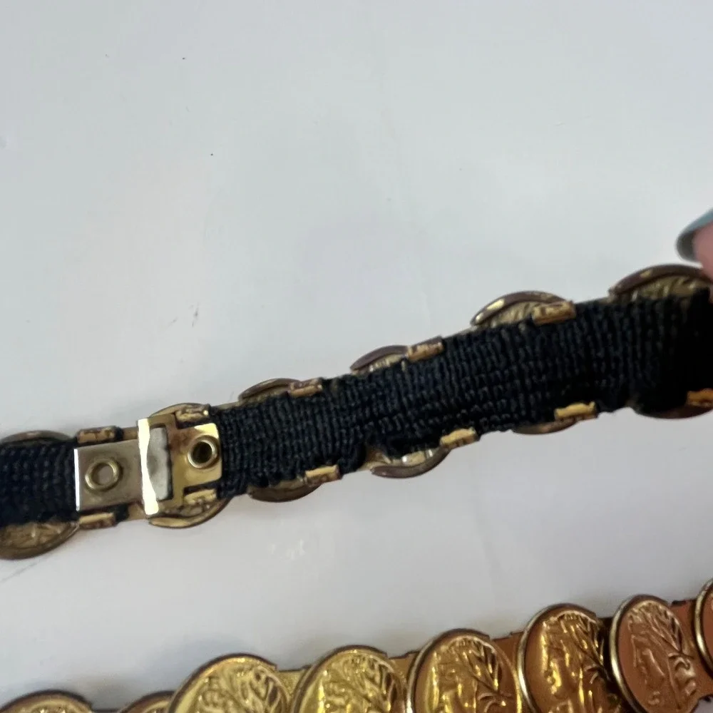 Vintage Gold‎ Roman Coin Belt Black Woven Backing Boho Grecian Medallion 35 Inch